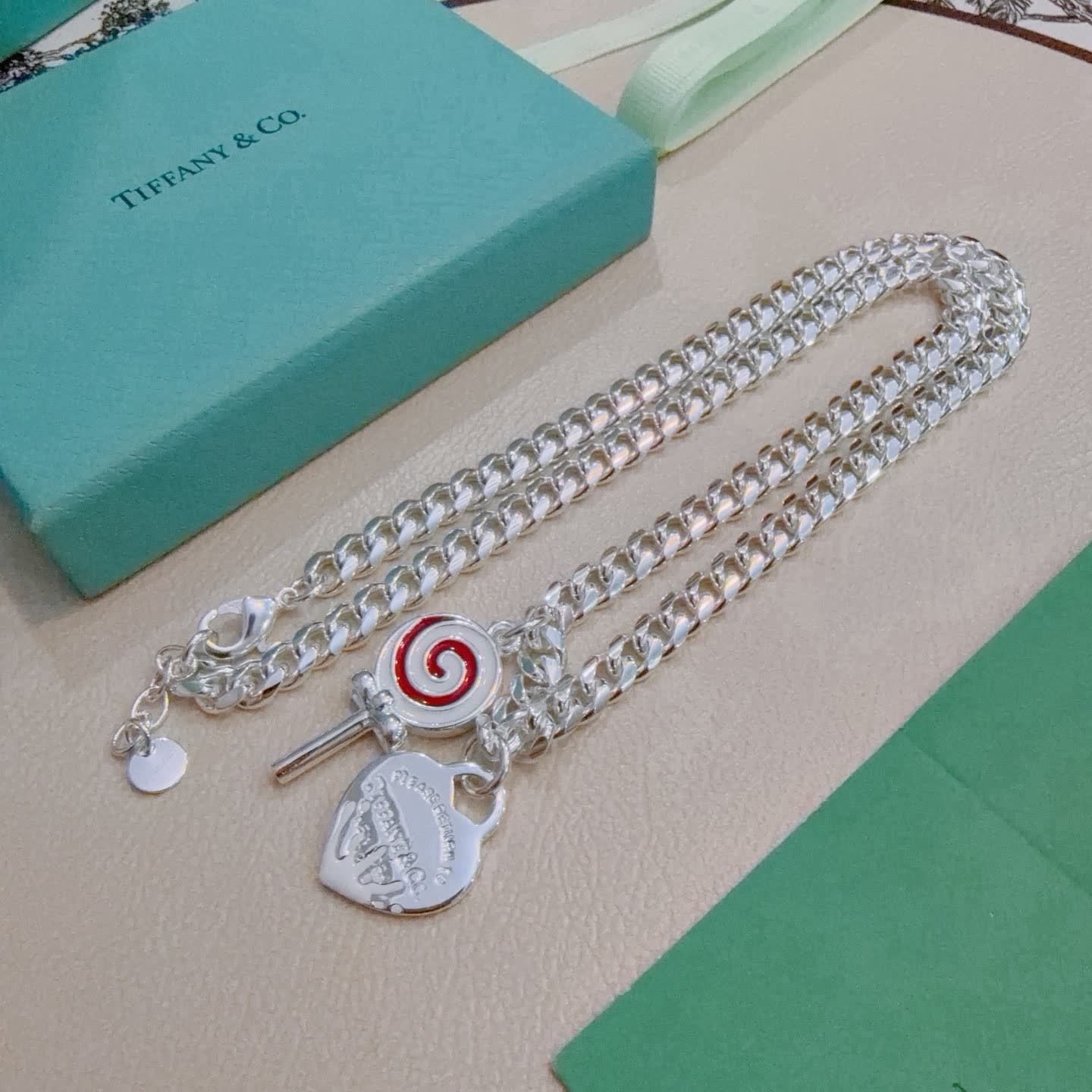 Tiffany & Co. Silver Chain Necklace with Lollipop and Heart Charms